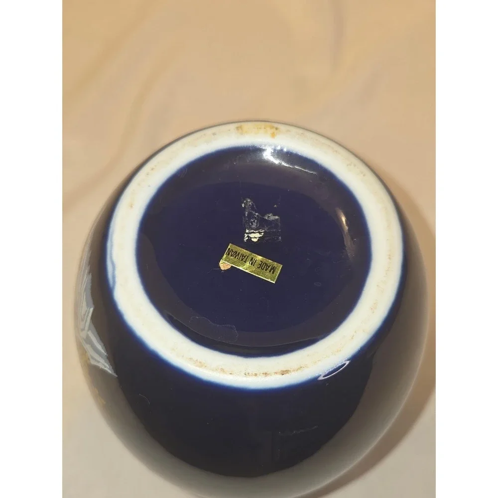 Vintage Cobalt Vase and Jar w Lid Heritage Mint Made In Taiwan Painted Pheasants